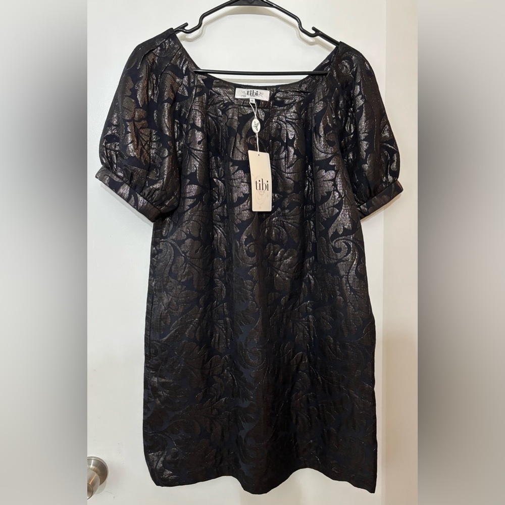 TIBI Women Black Metallic Bubble Short Sleeve Black Dress Size 6 Cocktail Party